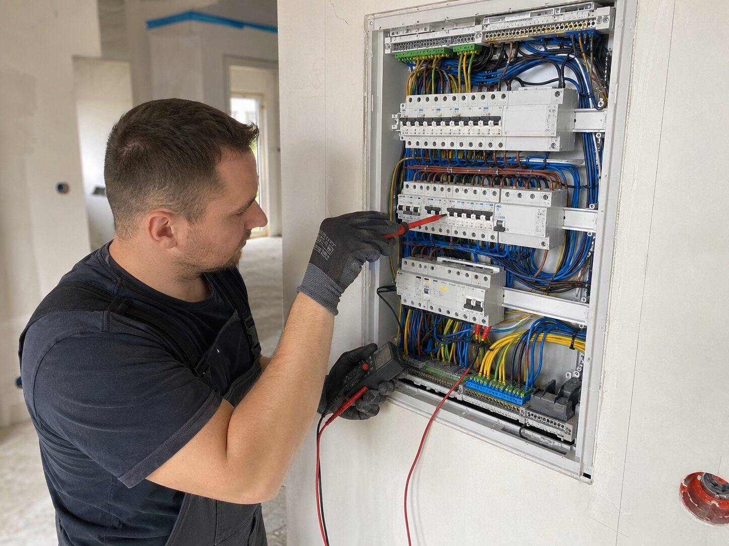 Elektryk wykonujący uporządkowaną instalację w rozdzielnicy